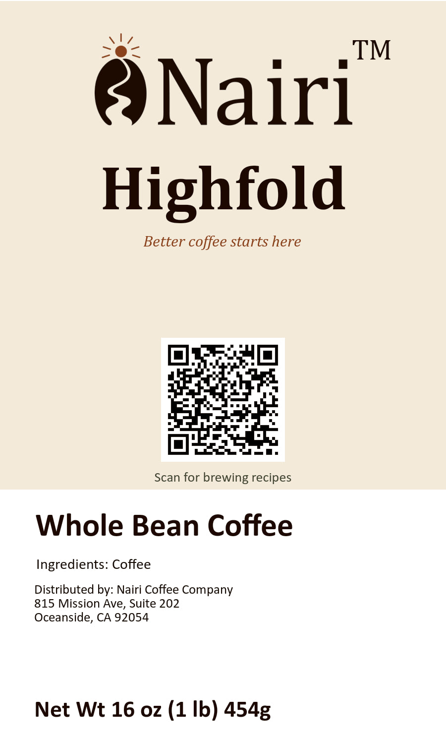 Highfold bag label — whole bean coffee, 16 oz.