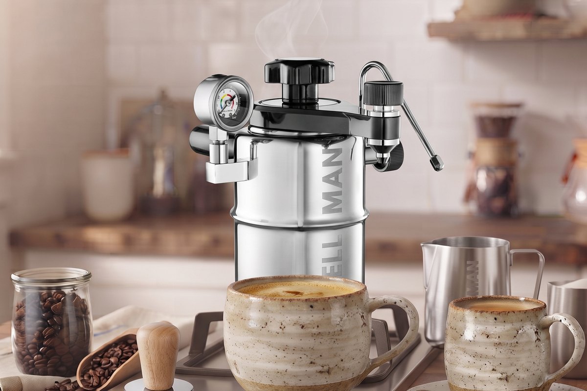 A Bellman stovetop espresso maker on a warm counter.