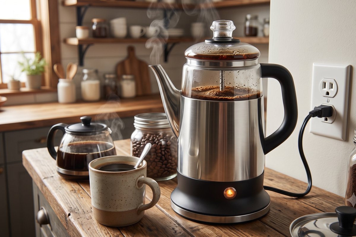 A stovetop percolator on a warm kitchen counter.