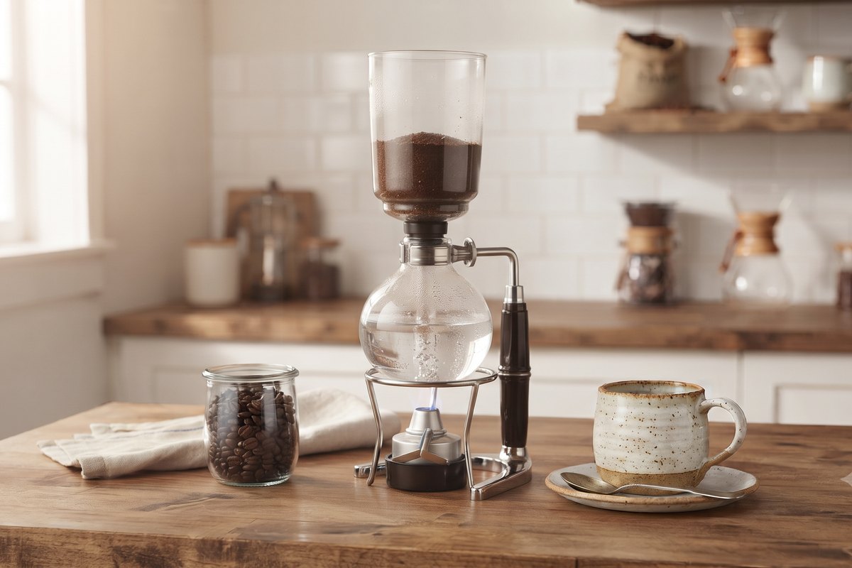 A siphon coffee brewer on a kitchen counter.