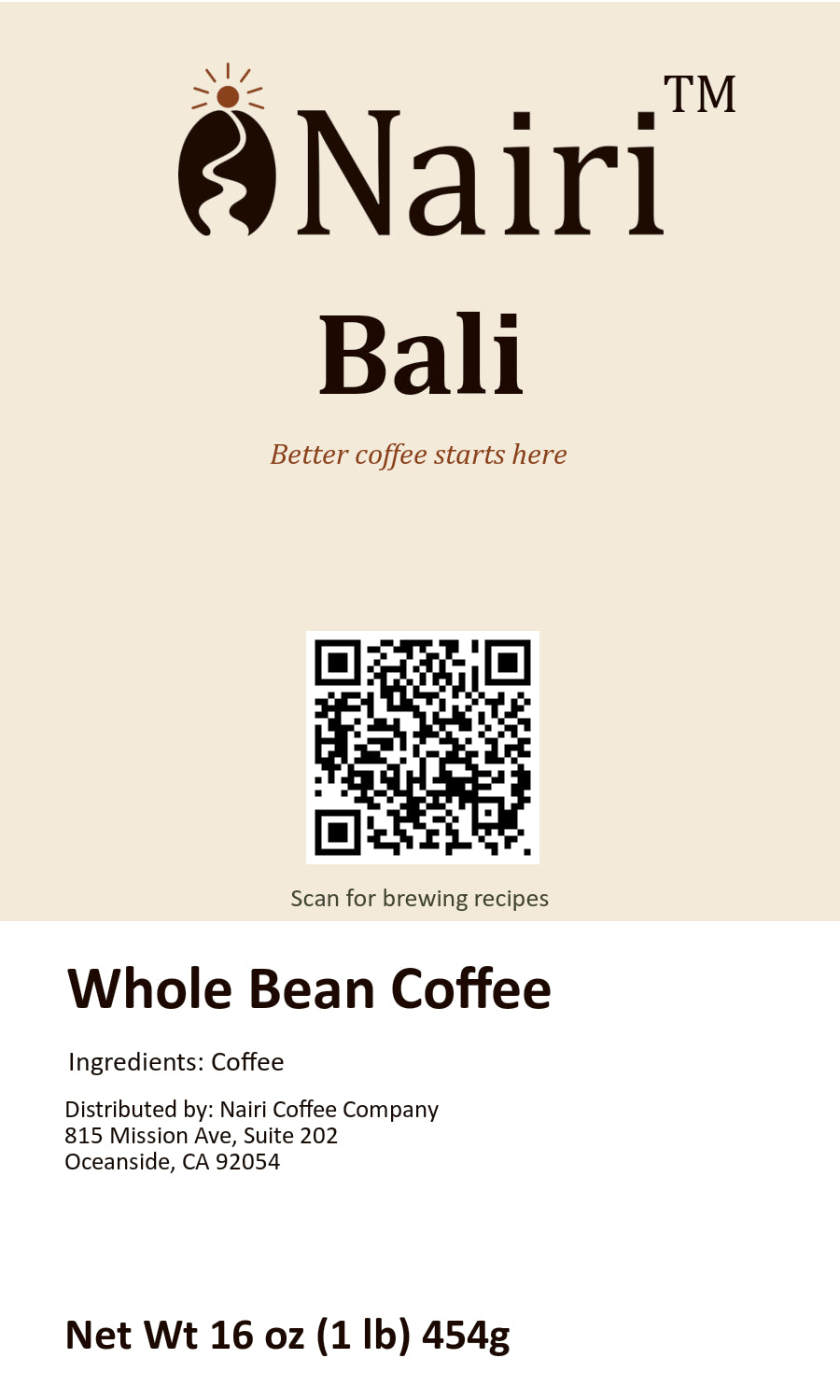 Bali bag label — whole bean coffee, 16 oz.