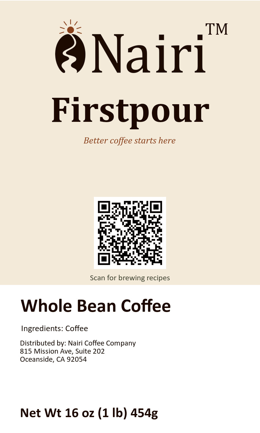Firstpour bag label — whole bean coffee, 16 oz.