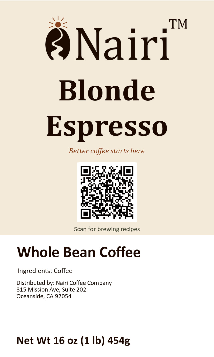 Blonde Espresso bag label — whole bean coffee, 16 oz.