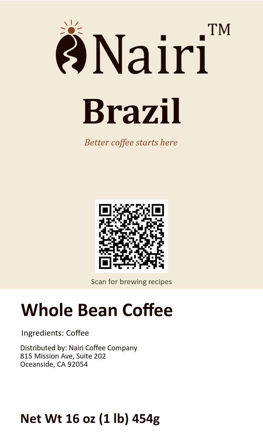 Brazil bag label — whole bean coffee, 16 oz.