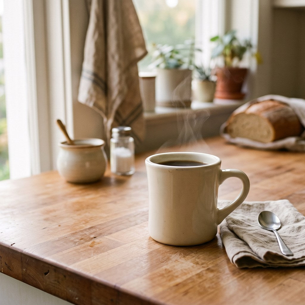 Balanced Everyday — an easygoing mug of coffee on a kitchen counter.