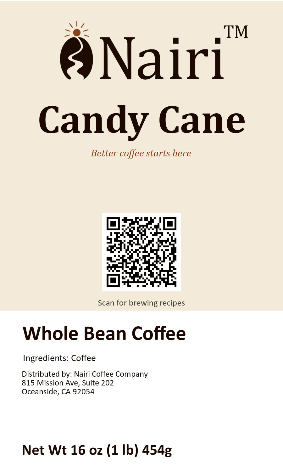 Candy Cane bag label — whole bean coffee, 16 oz.