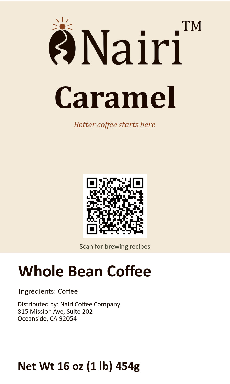 Caramel bag label — whole bean coffee, 16 oz.