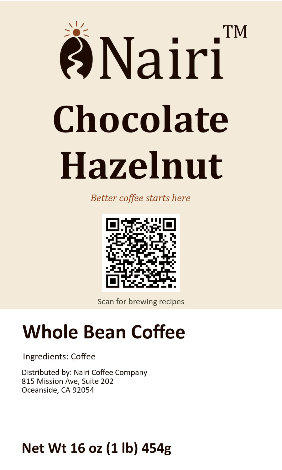 Chocolate Hazelnut bag label — whole bean coffee, 16 oz.