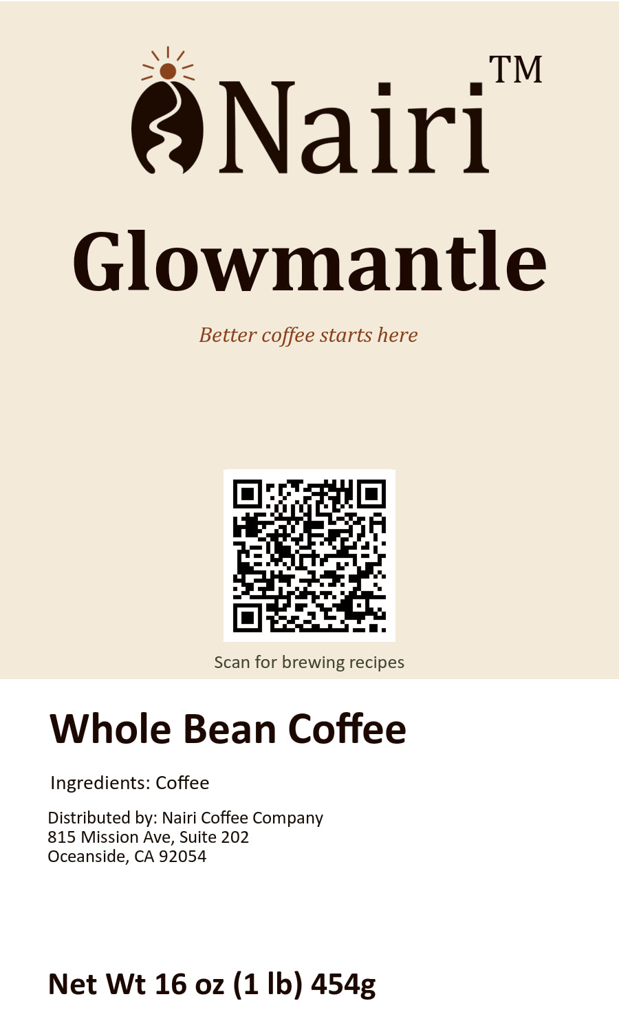 Glowmantle bag label — whole bean coffee, 16 oz.
