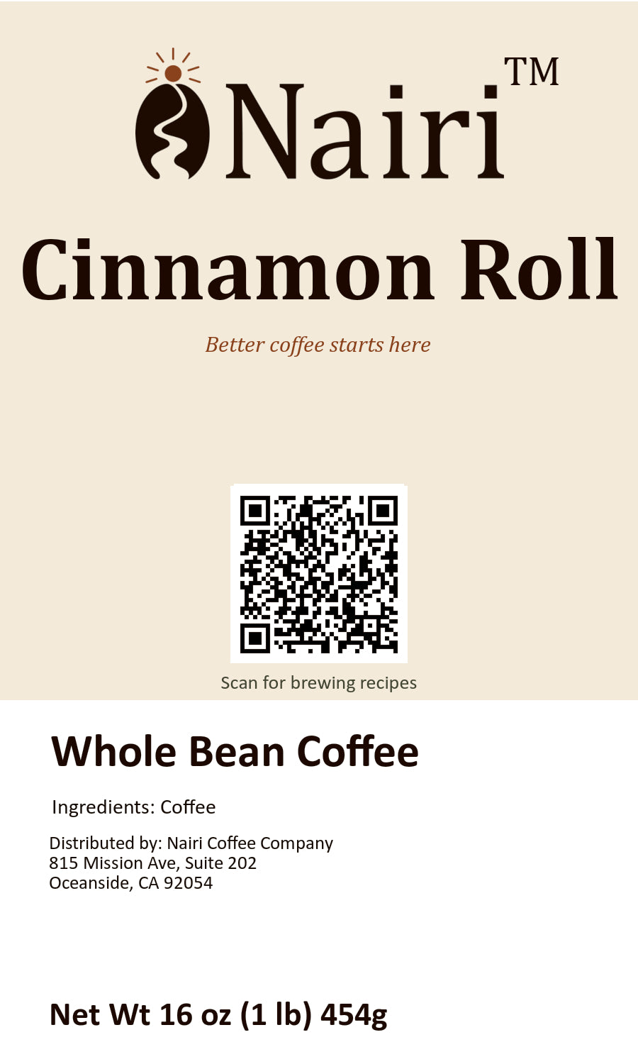 Cinnamon Roll bag label — whole bean coffee, 16 oz.