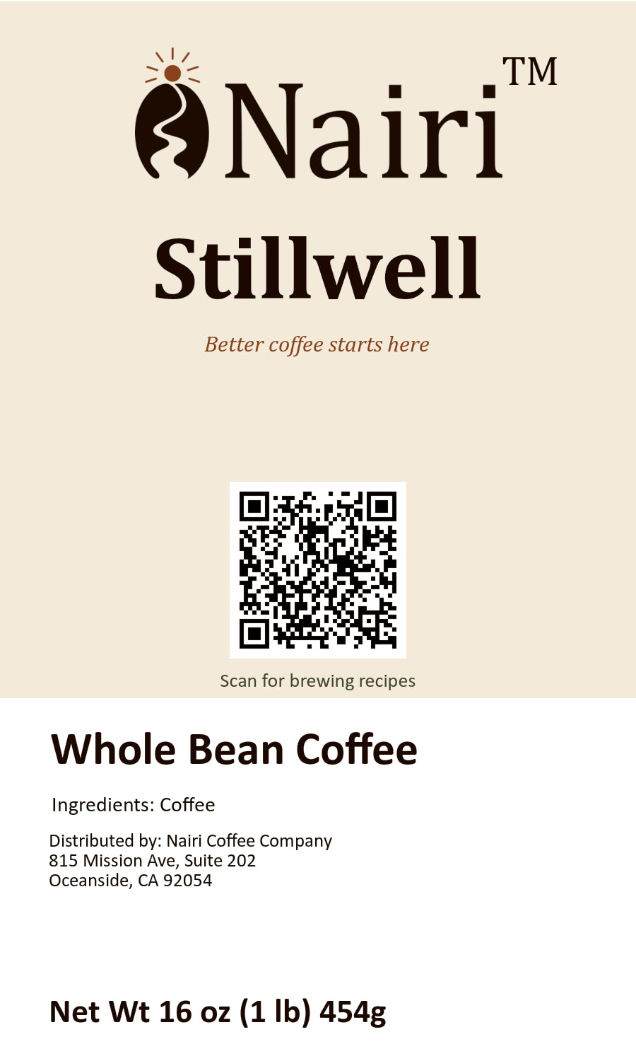 Stillwell bag label — whole bean coffee, 16 oz.
