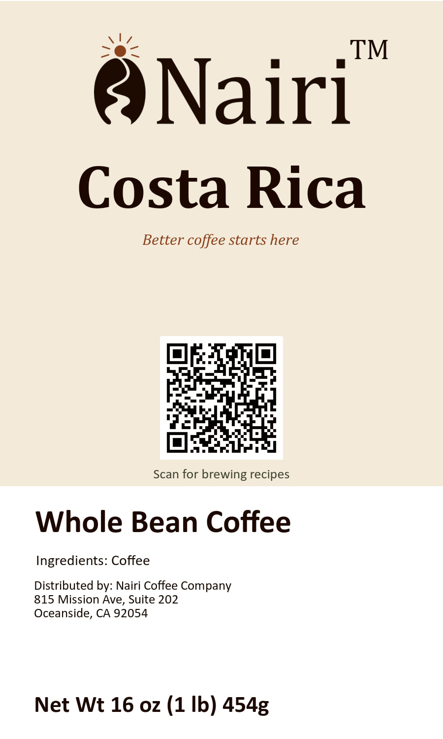 Costa Rica bag label — whole bean coffee, 16 oz.