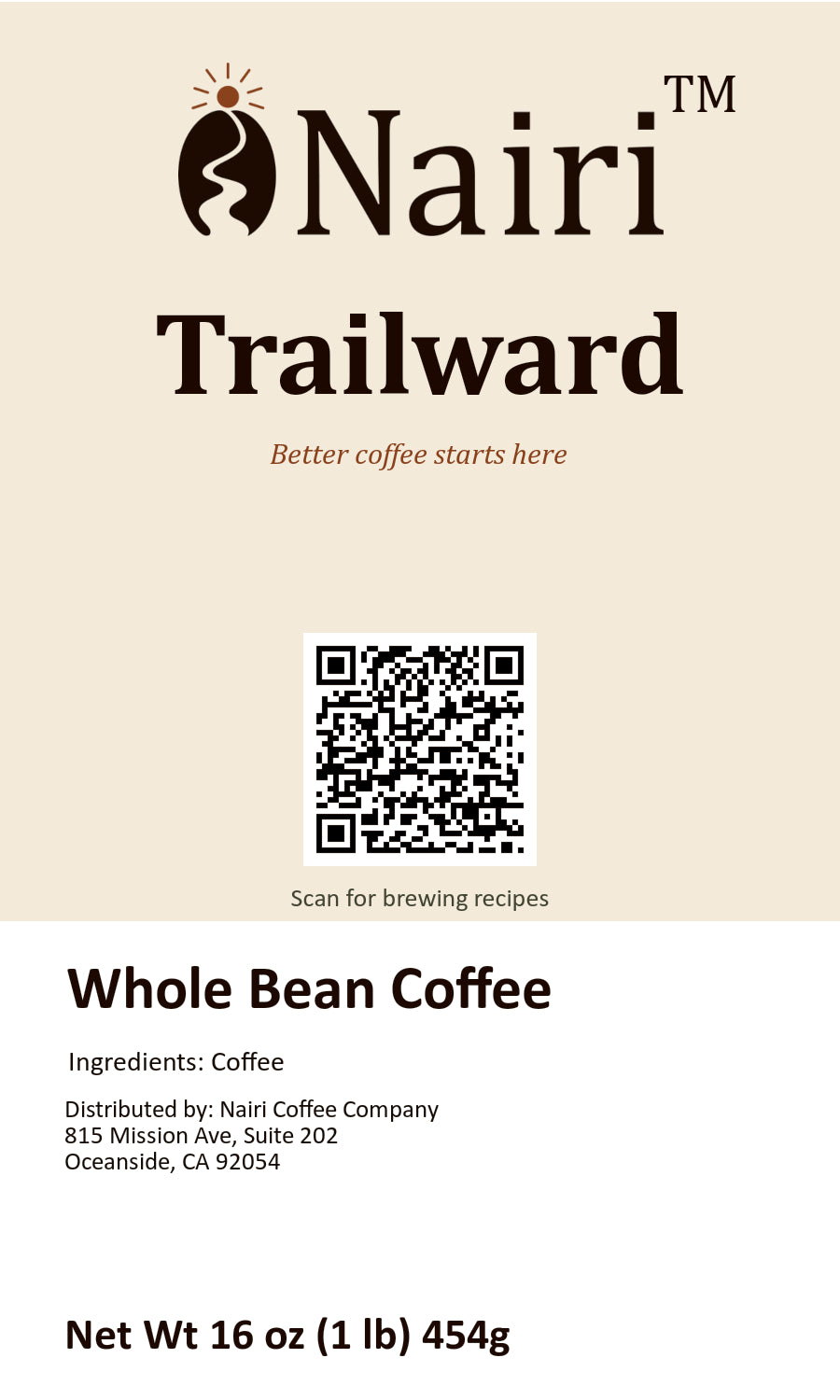 Trailward bag label — whole bean coffee, 16 oz.