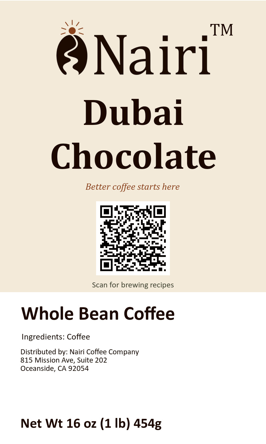 Dubai Chocolate bag label — whole bean coffee, 16 oz.