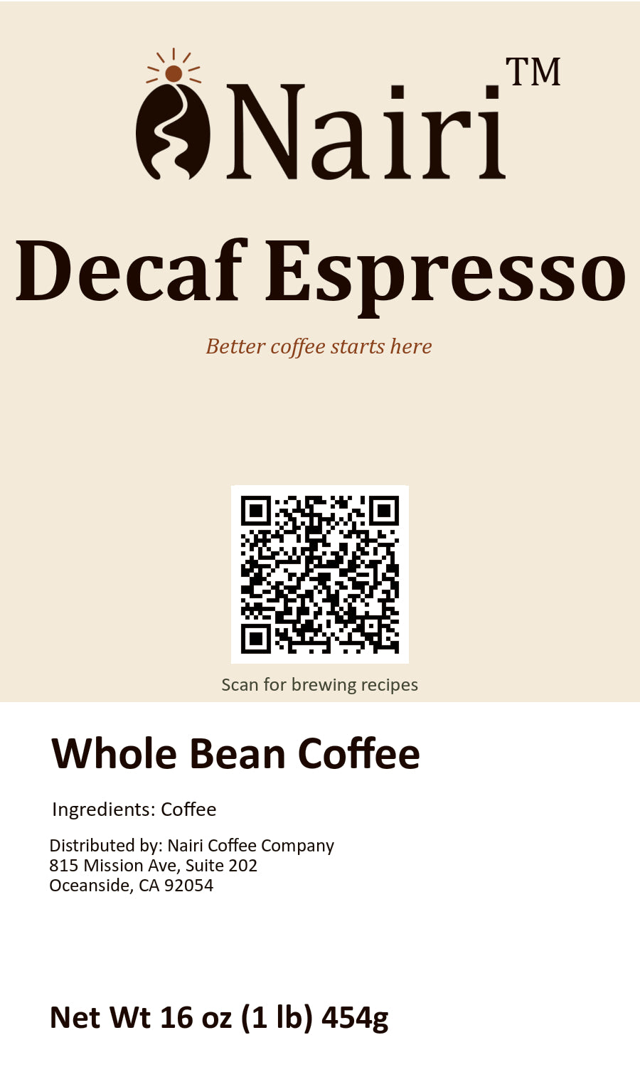 Decaf espresso bag label — whole bean coffee, 16 oz.