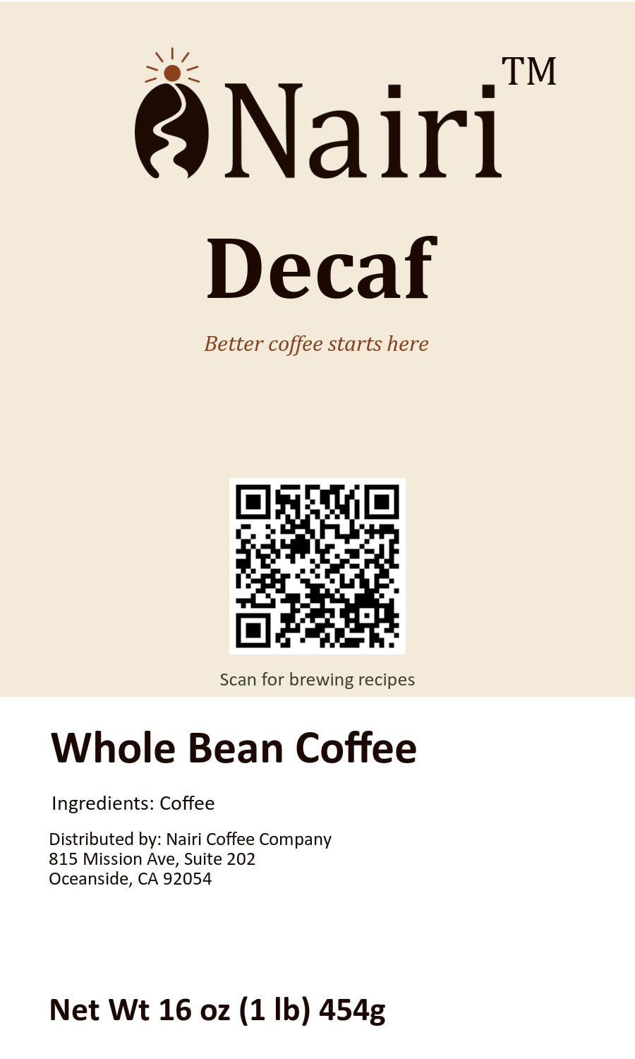 Decaf bag label — whole bean coffee, 16 oz.