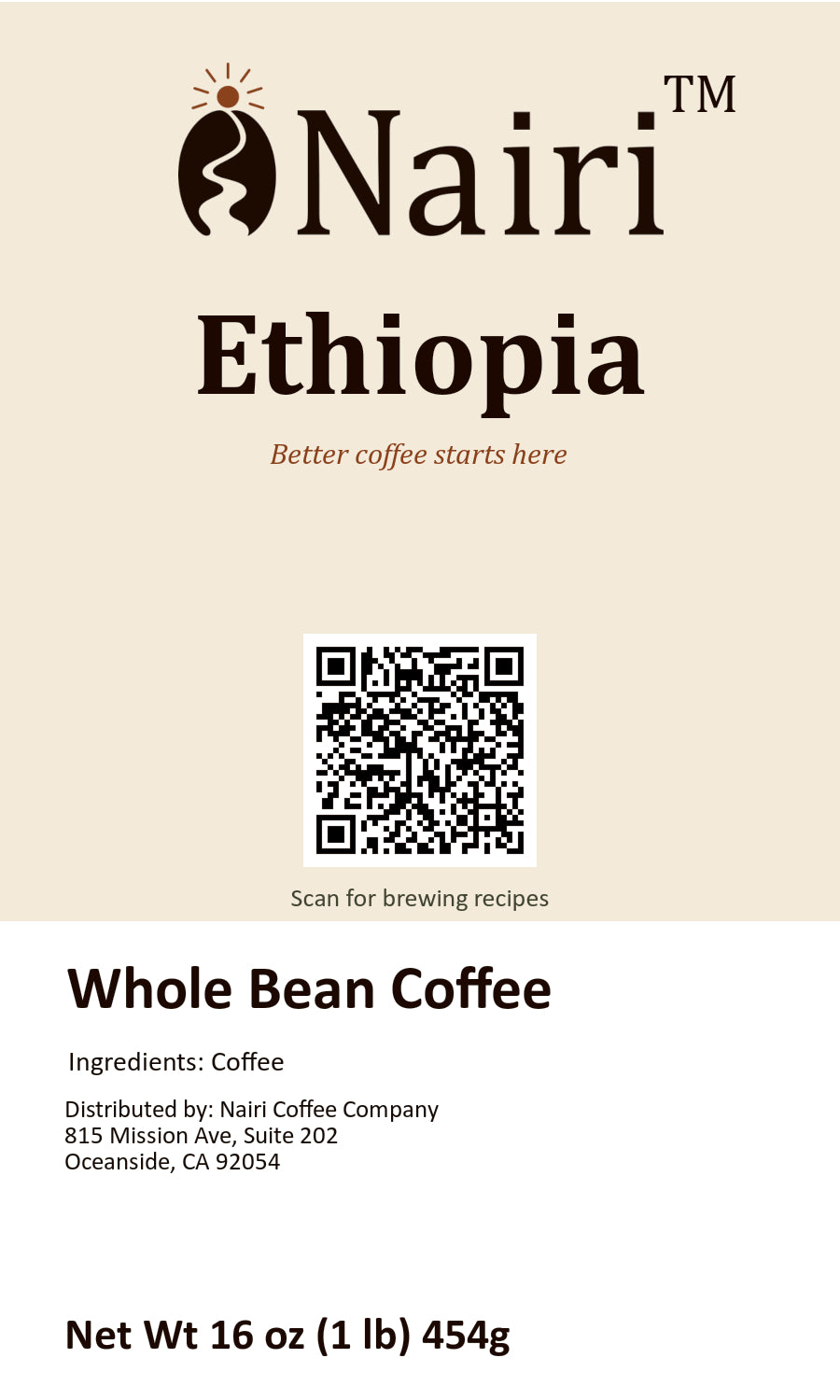 Ethiopia bag label — whole bean coffee, 16 oz.