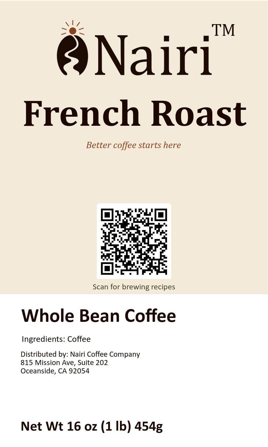 French Roast bag label — whole bean coffee, 16 oz.