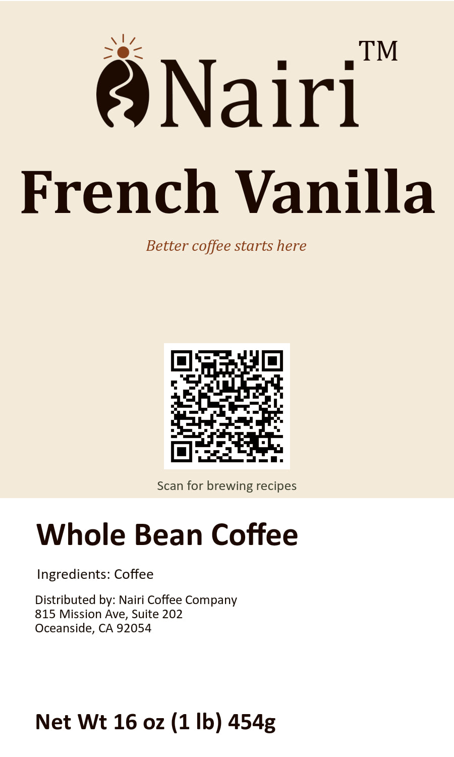 French Vanilla bag label — whole bean coffee, 16 oz.
