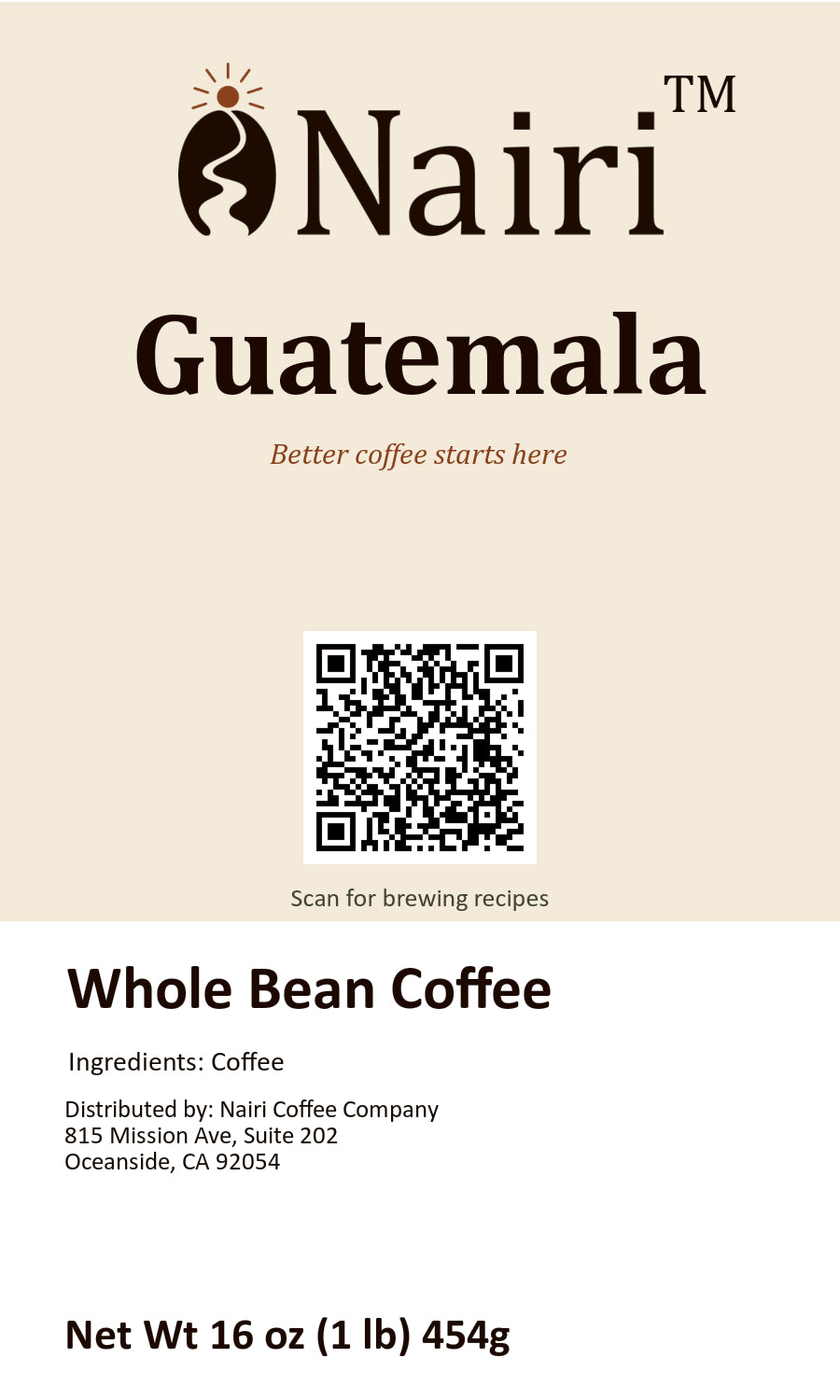 Guatemala bag label — whole bean coffee, 16 oz.