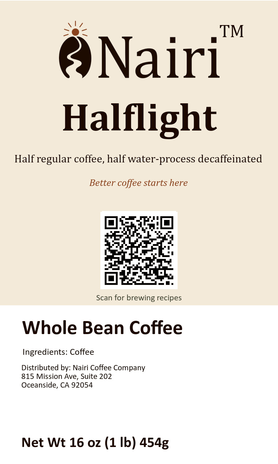 Halflight bag label — whole bean coffee, 16 oz.