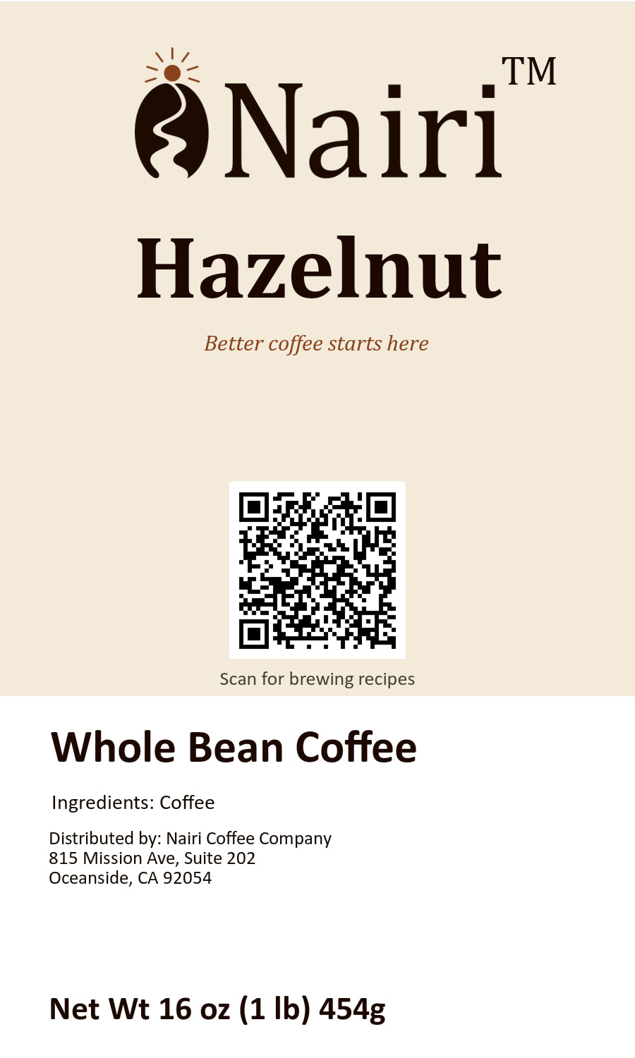 Hazelnut bag label — whole bean coffee, 16 oz.