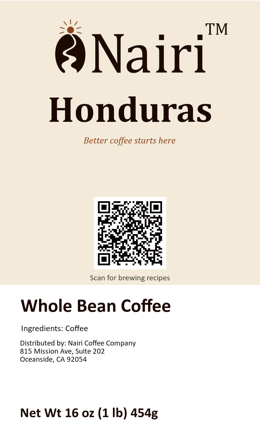 Honduras bag label — whole bean coffee, 16 oz.