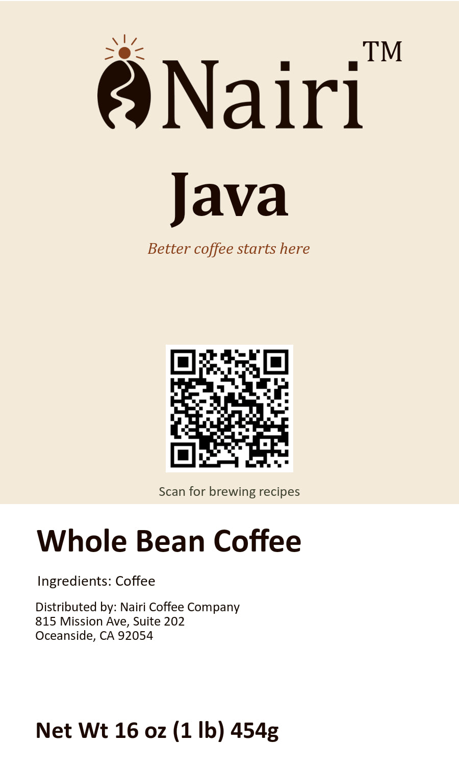 Java bag label — whole bean coffee, 16 oz.