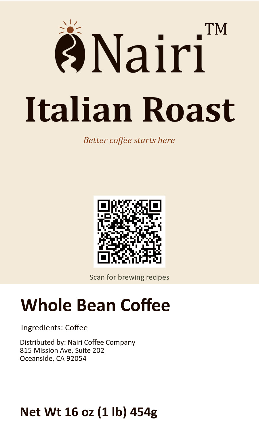 Italian Roast bag label — whole bean coffee, 16 oz.