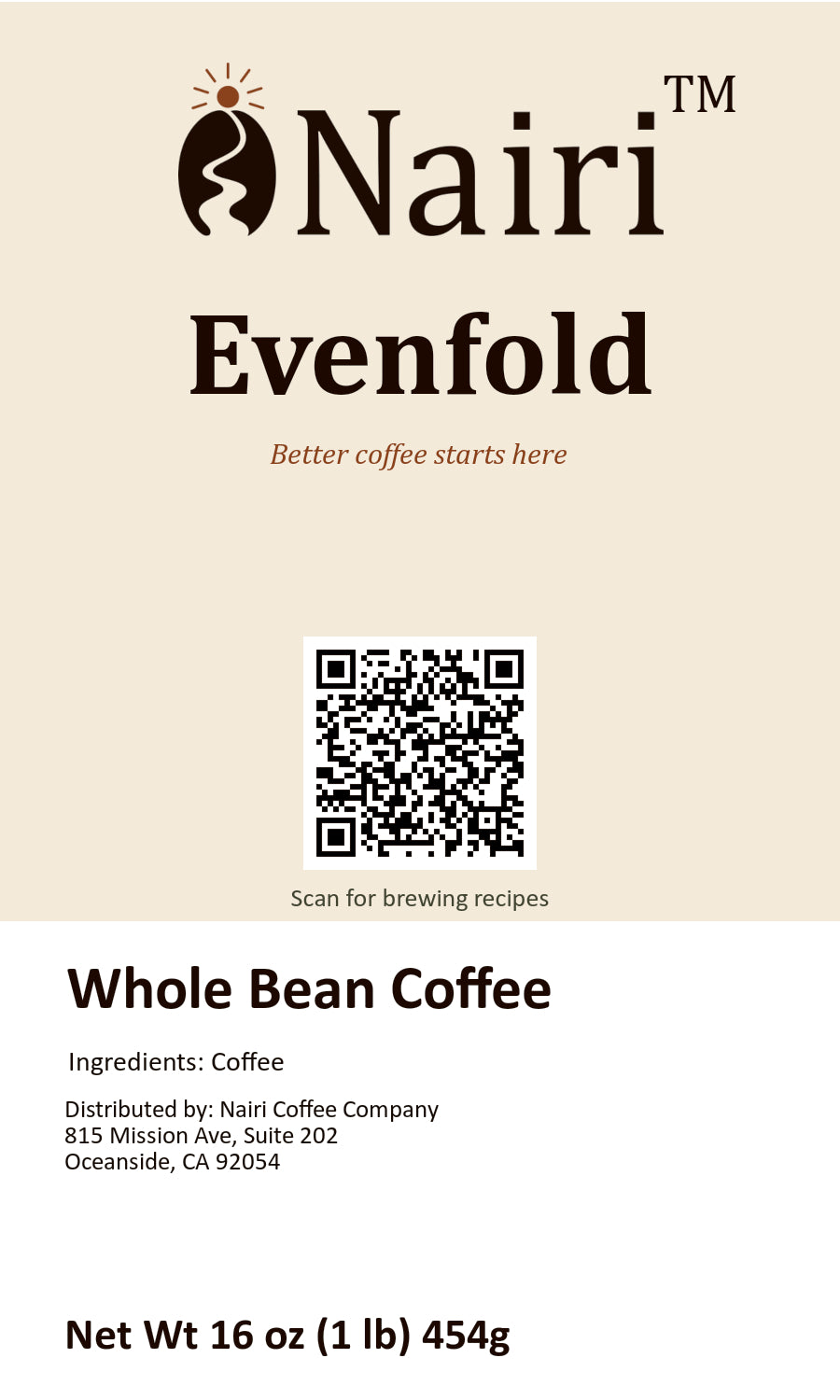 Evenfold bag label — whole bean coffee, 16 oz.