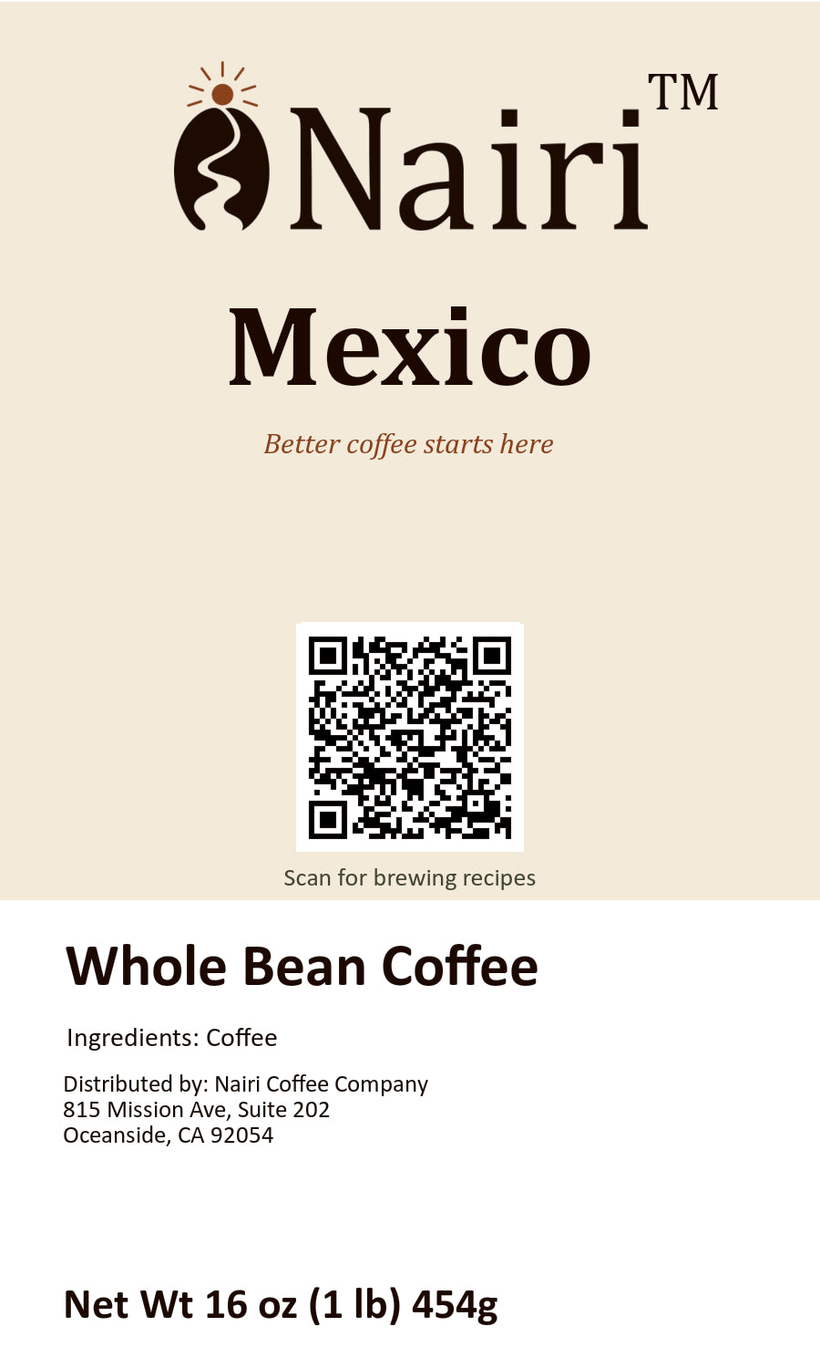 Mexico bag label — whole bean coffee, 16 oz.