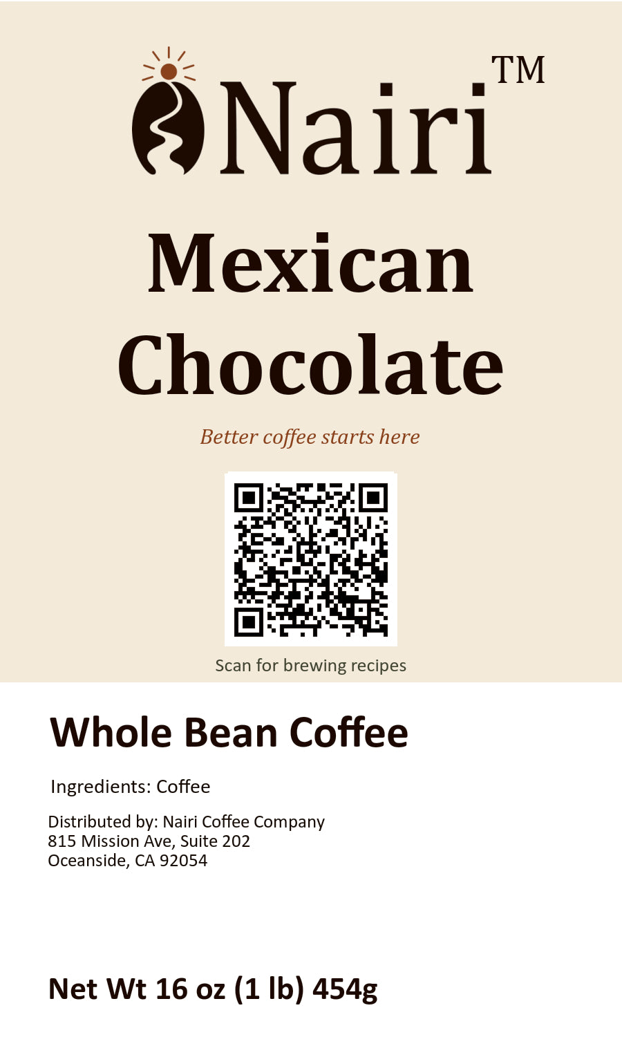 Mexican Chocolate bag label — whole bean coffee, 16 oz.