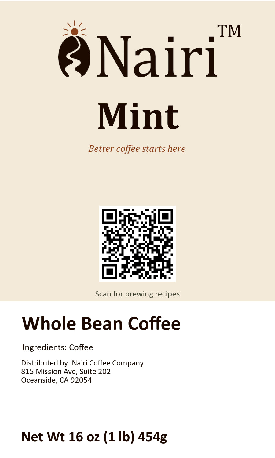Mint bag label — whole bean coffee, 16 oz.