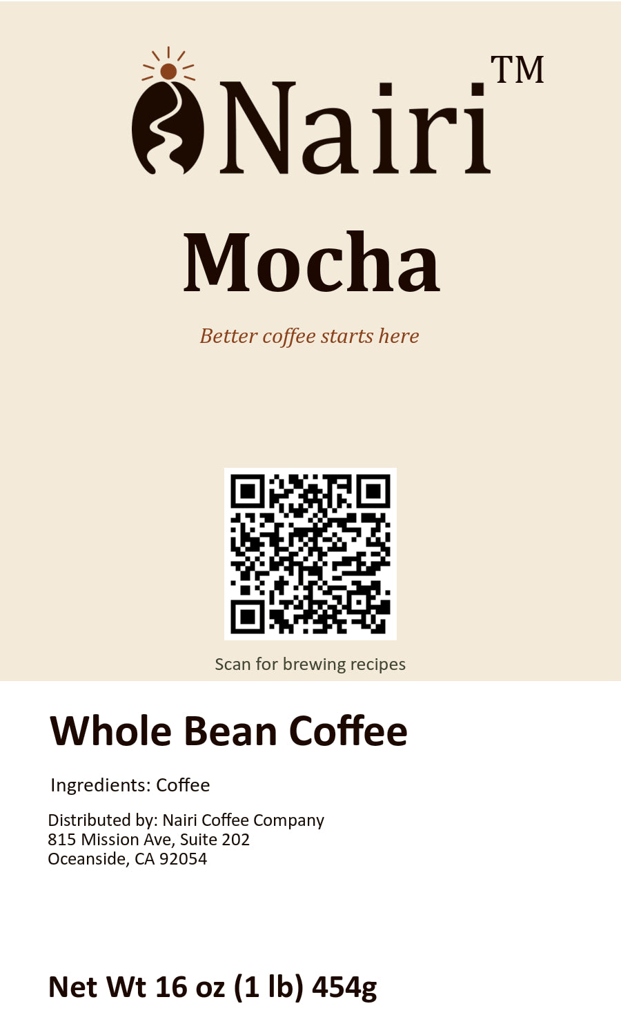 Mocha bag label — whole bean coffee, 16 oz.