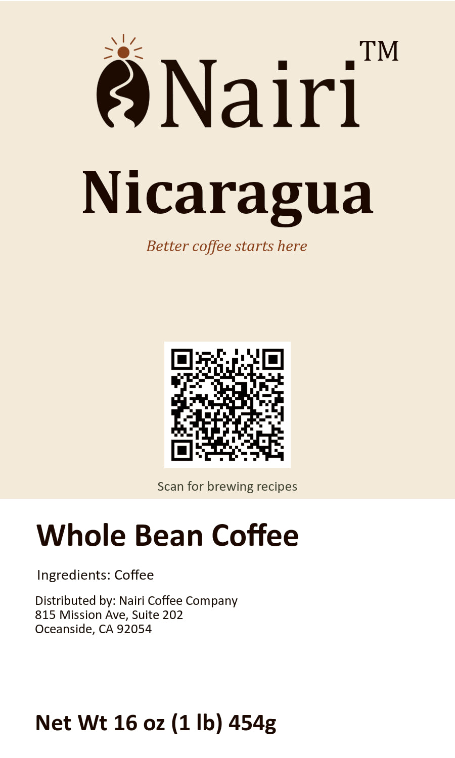 Nicaragua bag label — whole bean coffee, 16 oz.