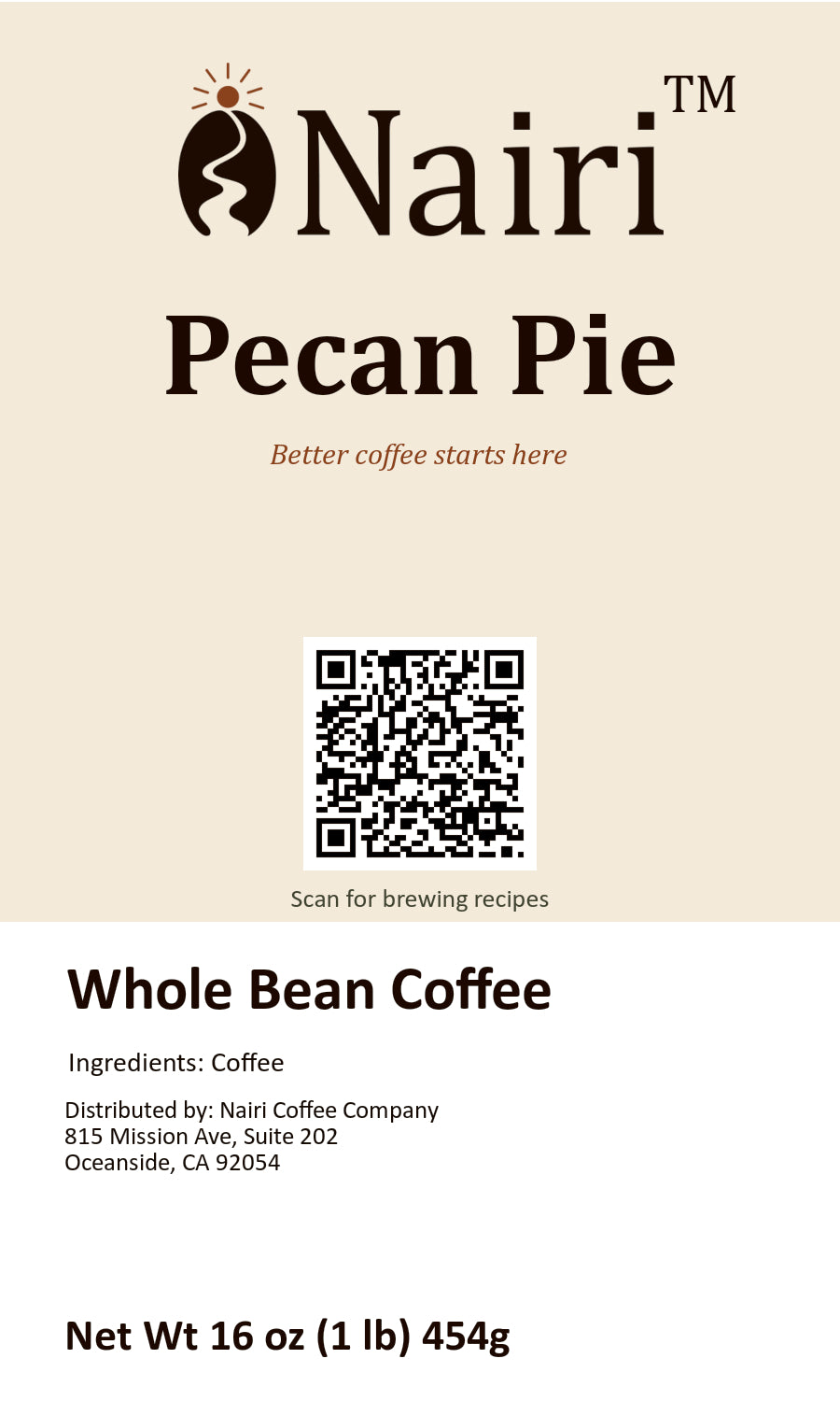 Pecan Pie bag label — whole bean coffee, 16 oz.