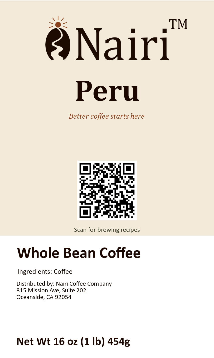 Peru bag label — whole bean coffee, 16 oz.