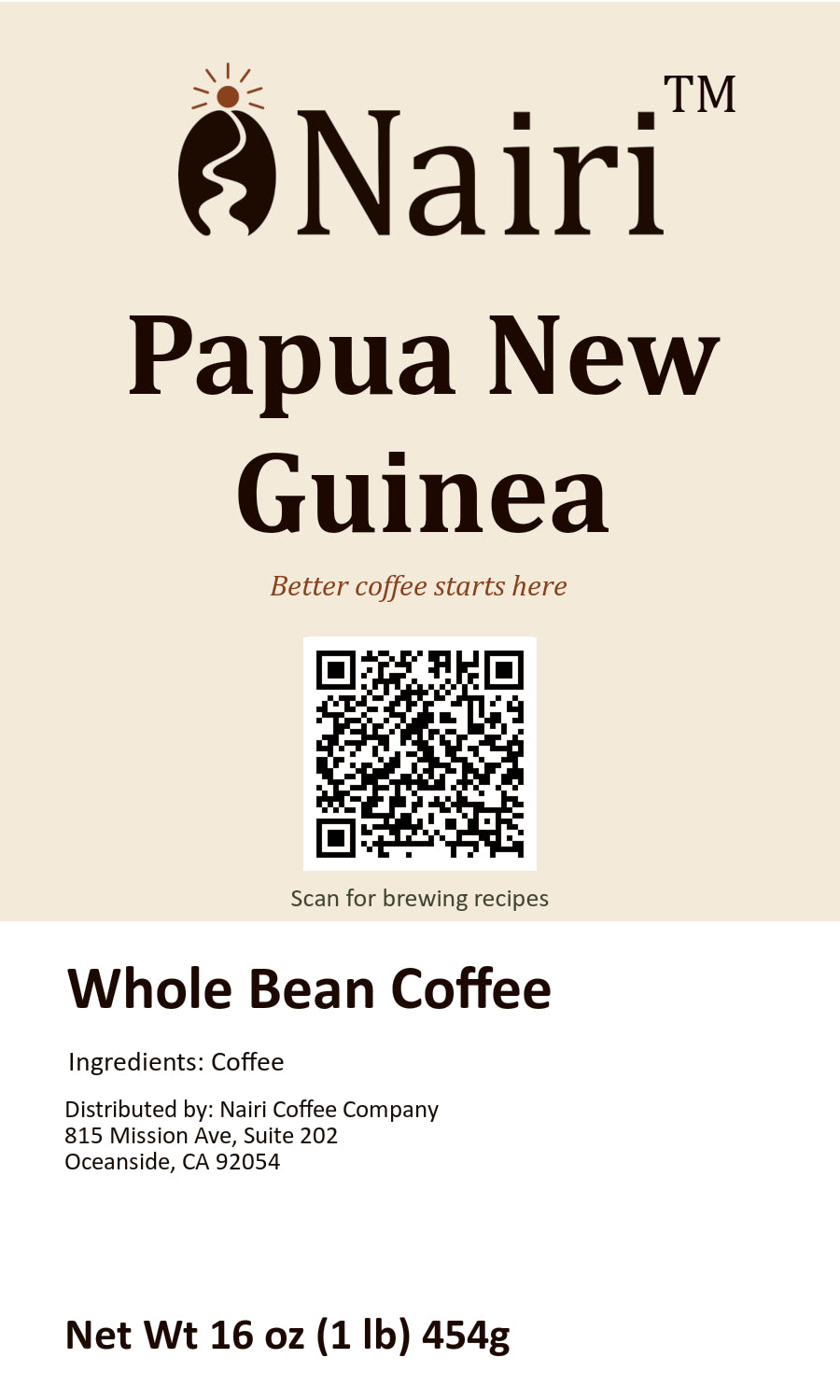 Papua New Guinea bag label — whole bean coffee, 16 oz.