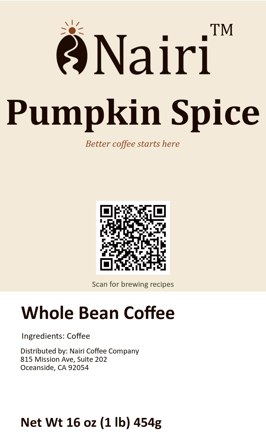 Pumpkin Spice bag label — whole bean coffee, 16 oz.