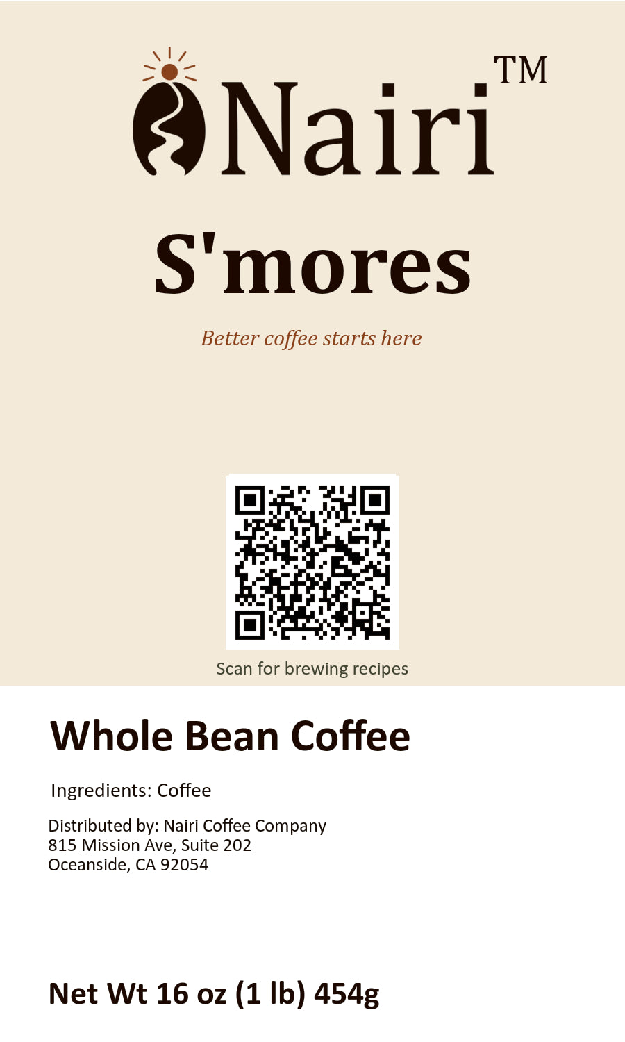 S'mores bag label — whole bean coffee, 16 oz.