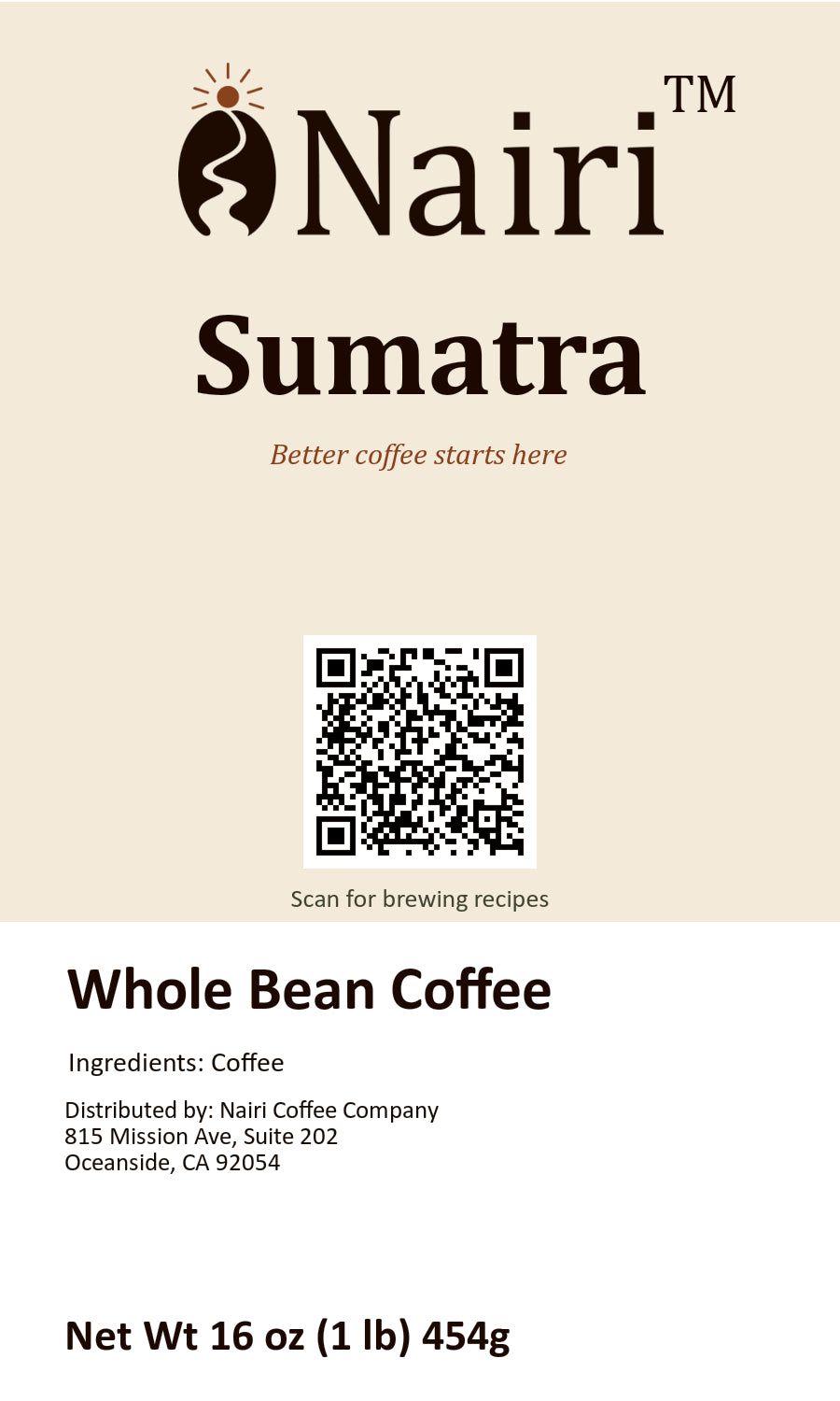 Sumatra bag label — whole bean coffee, 16 oz.