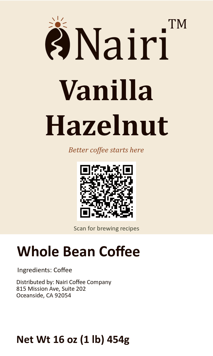 Vanilla Hazelnut bag label — whole bean coffee, 16 oz.