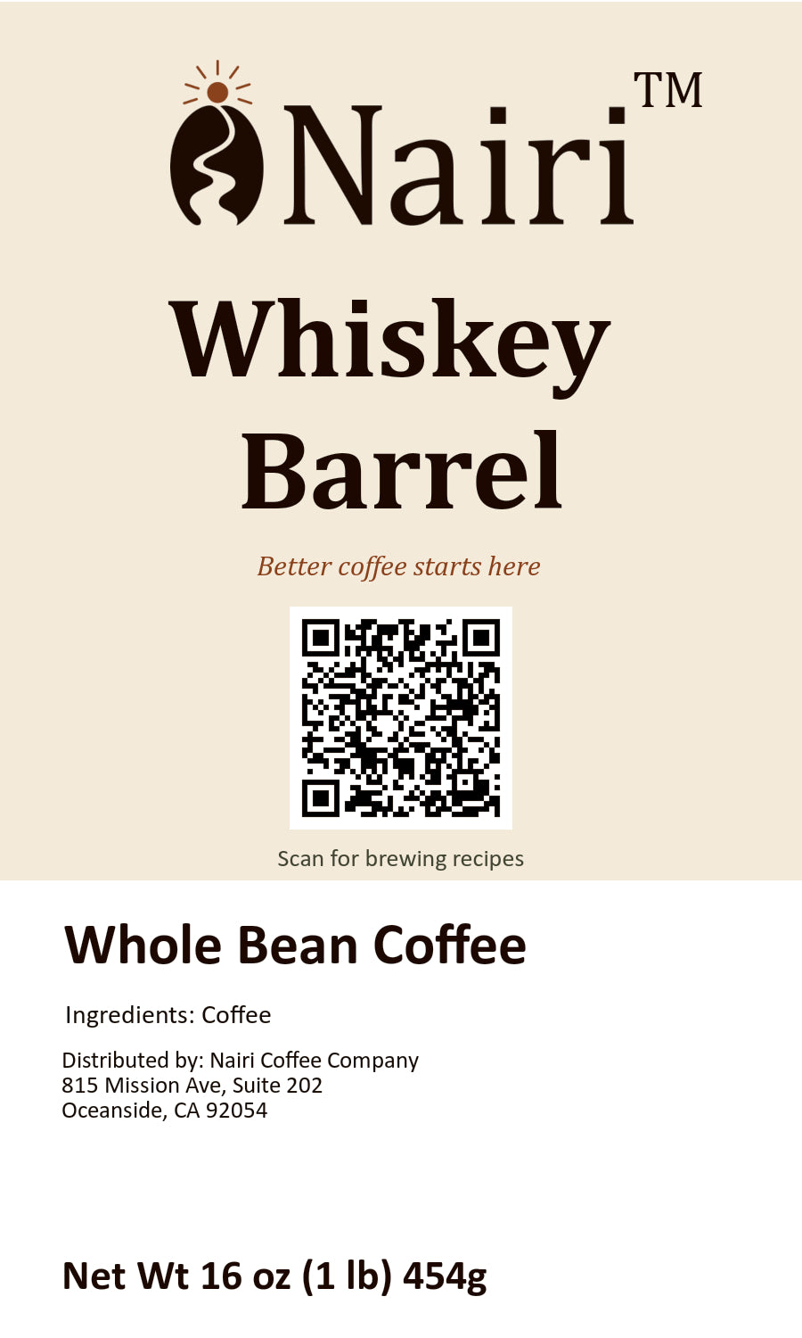 Whiskey Barrel bag label — whole bean coffee, 16 oz.