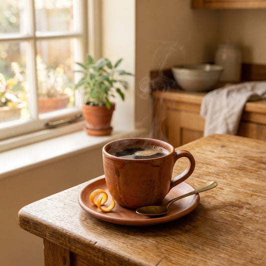 a rich dark coffee with a curl of orange peel, in a warm kitchen.