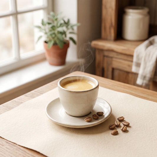 a pale golden espresso with light-roast beans, in a warm kitchen.