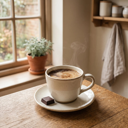 coffee with a swirl of milk and a square of chocolate, in a warm kitchen.