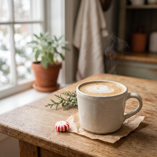 a festive latte with a peppermint candy, in a warm kitchen.
