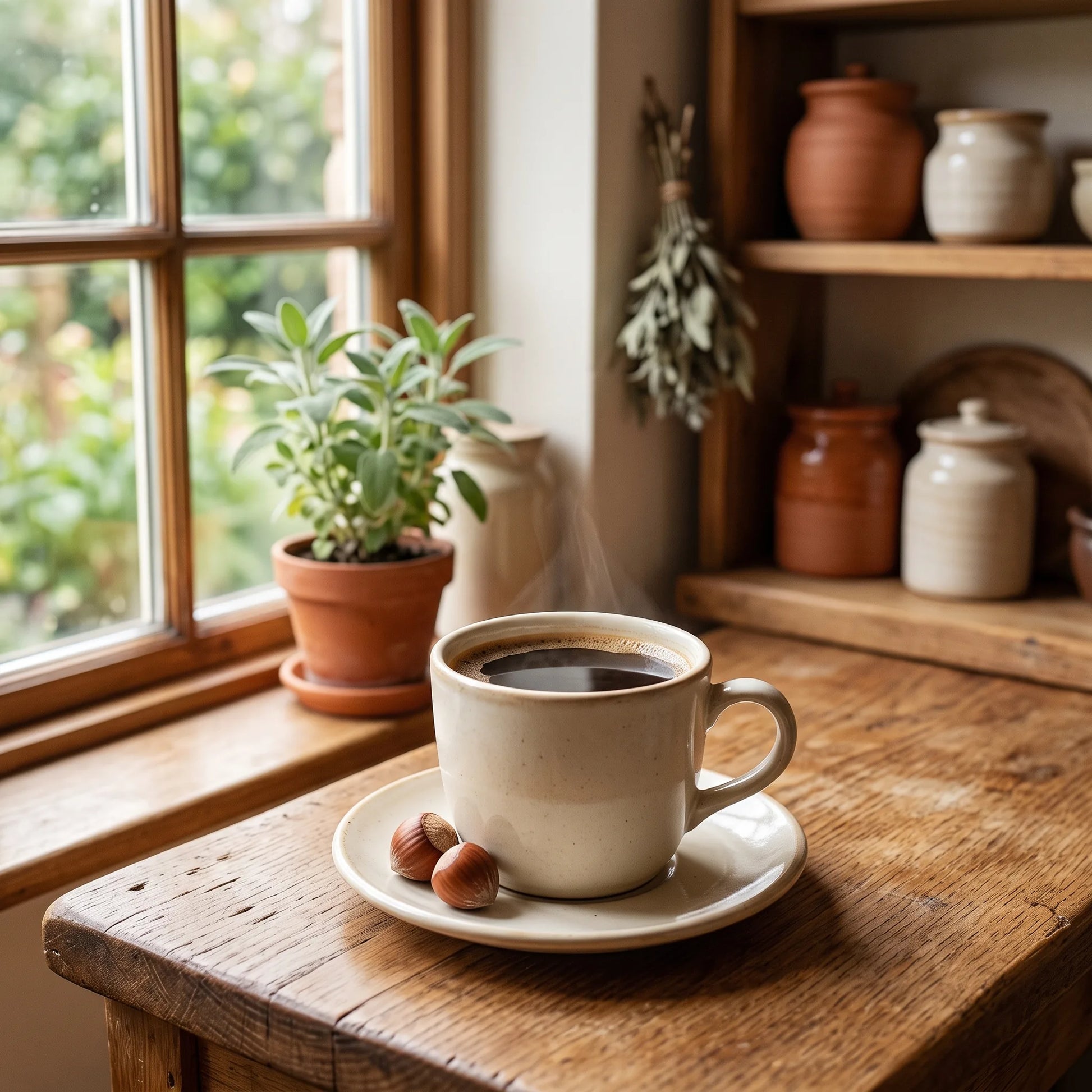 a dark coffee with hazelnuts, in a warm kitchen.