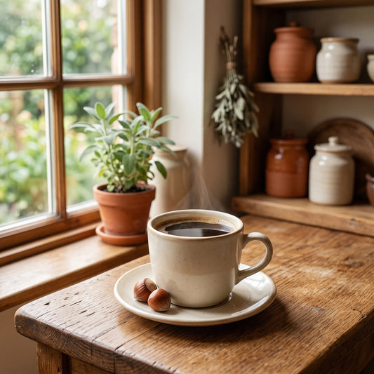 a dark coffee with hazelnuts, in a warm kitchen.