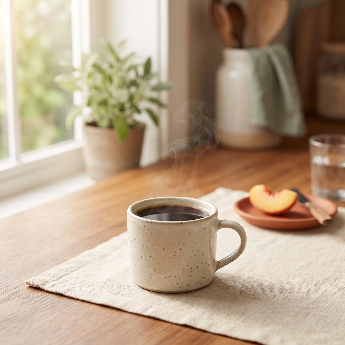 black coffee with a slice of peach, in a warm kitchen.